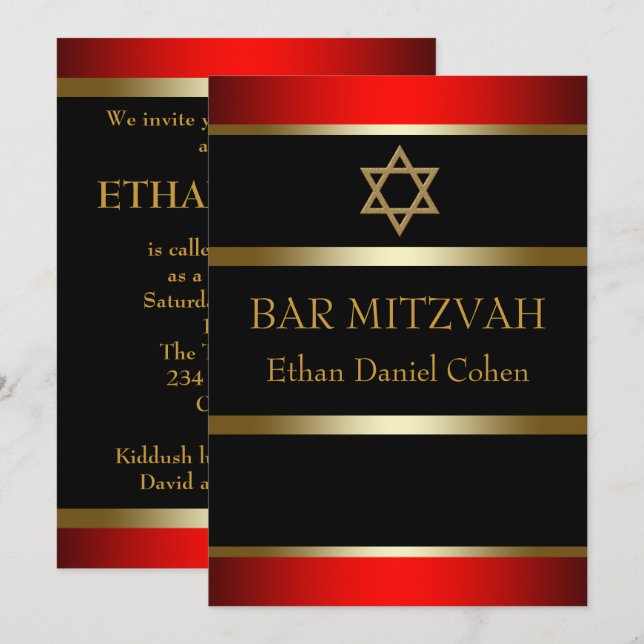 Convites de Bar Mitzvah Vermelhos (Frente/Verso)