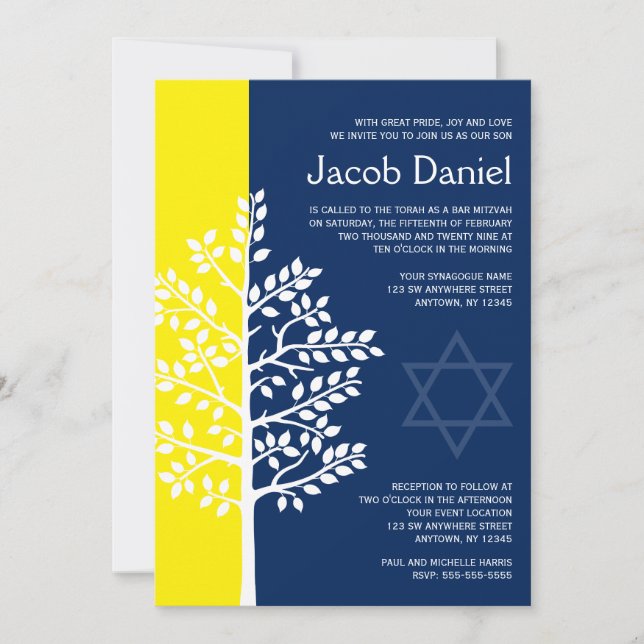 Convites de Bar Mitzvah Yellow Navy Árvore da Vida (Frente)