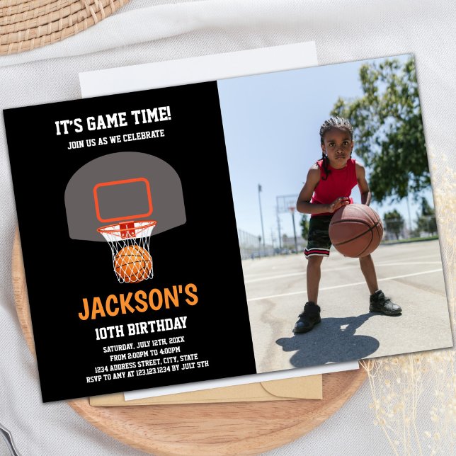 Convites de basquete de Laranja Negro com foto (Black Orange Basketball Invitations with photo)