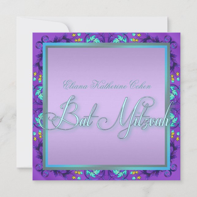 Convites de Bat Mitzvah Azul Turquesa Roxo Morcego (Frente)