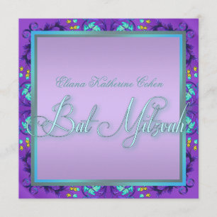 Convites de Bat Mitzvah Azul Turquesa Roxo Morcego