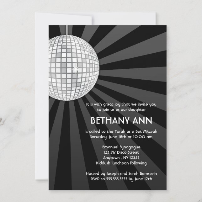 Convites de Bat Mitzvah Bola de Discoteca Prata (Frente)