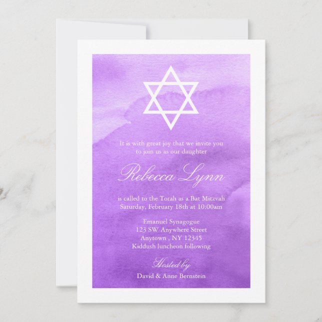 Convites de Bat Mitzvah com Aquarela Roxa (Frente)