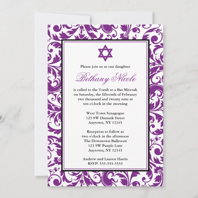 Convites de Bat Mitzvah em Damask com Redemoinho R (Frente)
