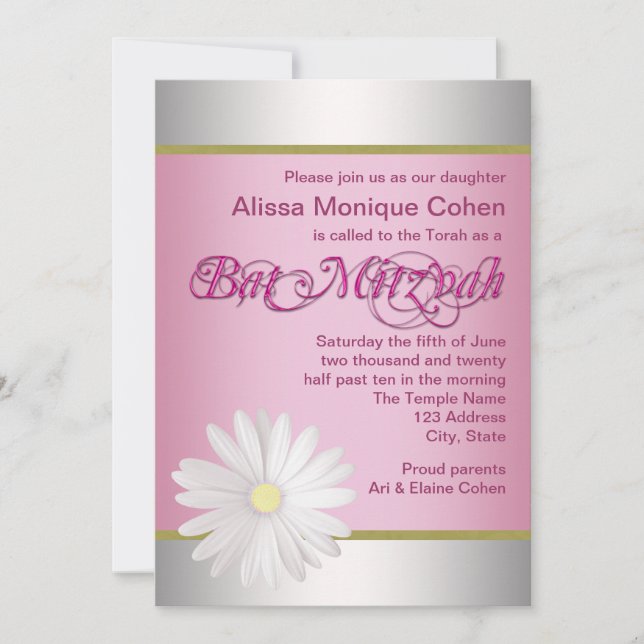 Convites de Bat Mitzvah Margarida Rosa Branca (Frente)