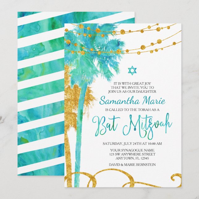 Convites de Bat Mitzvah na Praia com Aquarela Dour (Frente/Verso)