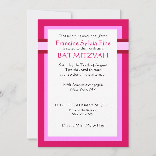 Convites De Bat Mitzvah Rosa Personalizados (Frente)