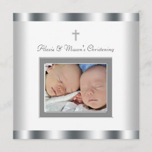 Convites de Batismo com Foto dos Gêmeos Branco Ele
