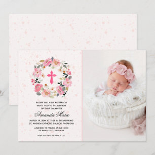Convites de Batismo Menina Aquarela Floral Rosa