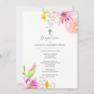 Convites de Batismo Rosa Nome dos Padrinhos Flores