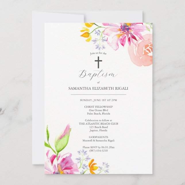 Convites de Batismo Rosa Nome dos Padrinhos Flores (Frente)