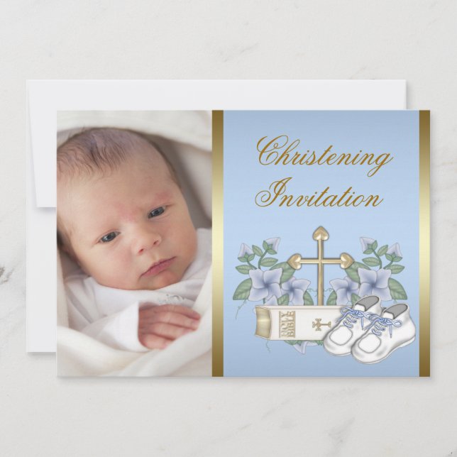 Convites de Batizado com Foto de Bebê Menino Azul  (Frente)