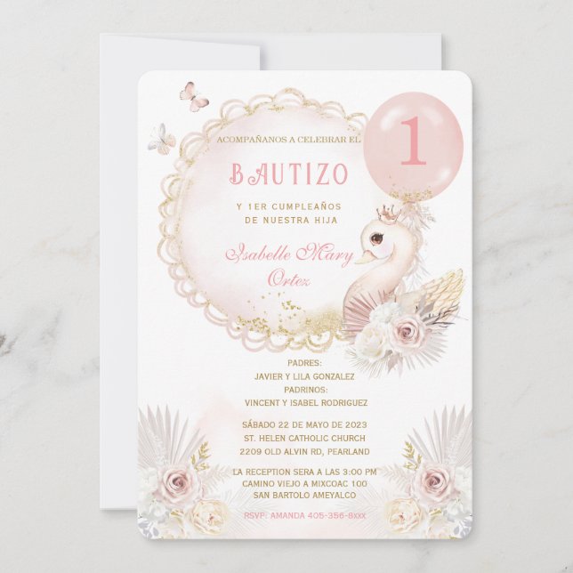 Convites de Batizado E Primeiro Aniversário Cisne (Frente)
