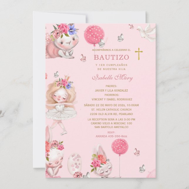 Convites De Batizado e Primeiro Aniversário Para Menina  (Frente)