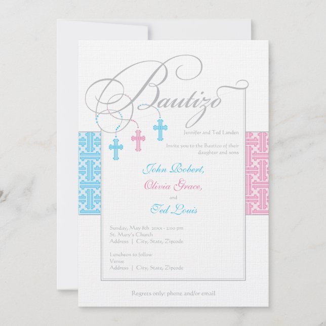 Convites de bautização| Los bebés triplete (Frente)