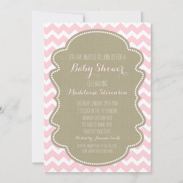 Convites De Bebê De Burlap Chevron Rosa (Verso)