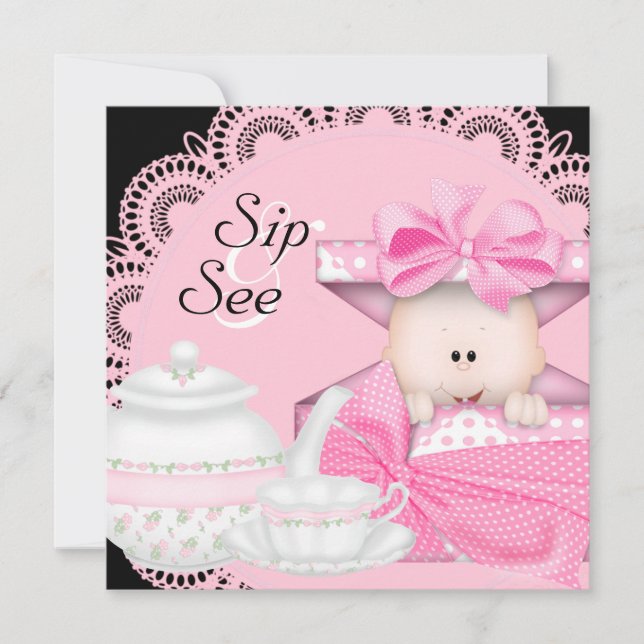 Convites de Bebê Menina Rosa e Preto para Sip & Se (Frente)