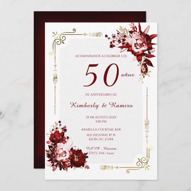 Convites De Boda 50 Aniversario con encaj vintage (Frente/Verso)