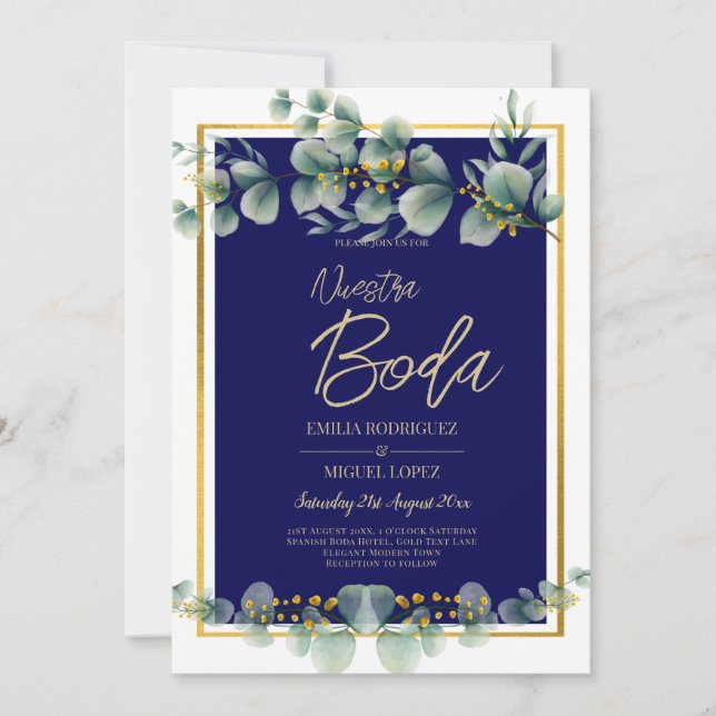 Convites De Boda Elegantes Marinho Azul Dourado (Frente)