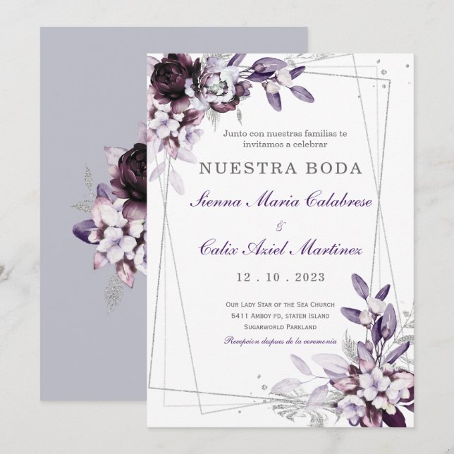 Convites de Boda Púrpura y Lavanda Plateada (Frente/Verso)