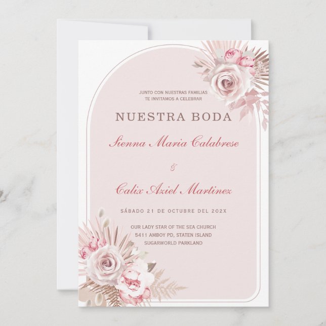 Convites de Boda Romántica en Tono Rosa Pastel con Flores (Frente)