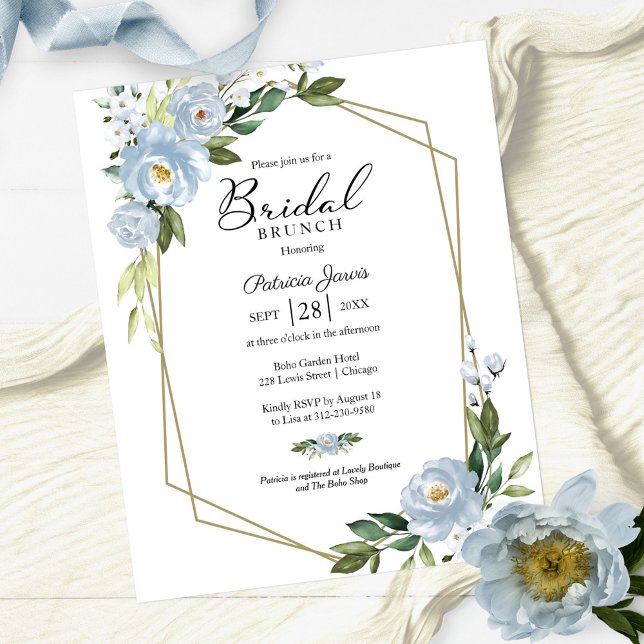 Convites de Brunch de Noiva Floral Azul Geométrico (Criador carregado)