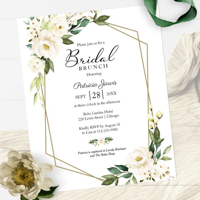 Convites de Brunch de Noiva Floral Branco Geométri (Criador carregado)
