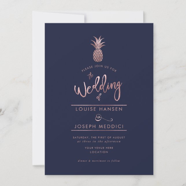 Convites de Casamento Abacaxi em Dourado Rosado +  (Frente)
