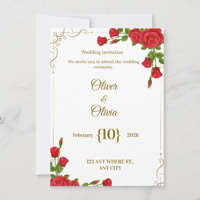 Convites de casamento adornados com rosas vermelha (Frente)