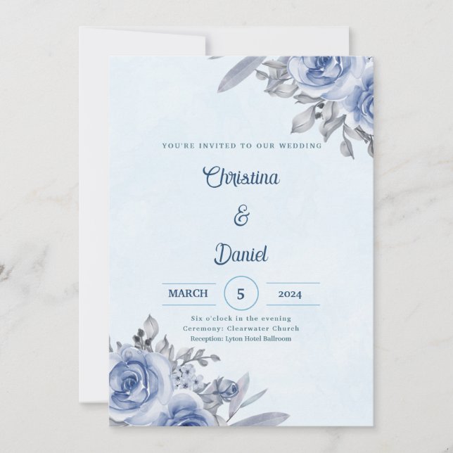 Convites de Casamento Aquarela Rosas Azuis (Frente)