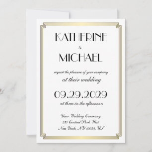 Convites de Casamento Art Déco Branco Elegante