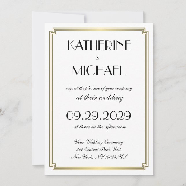 Convites de Casamento Art Déco Branco Elegante (Frente)
