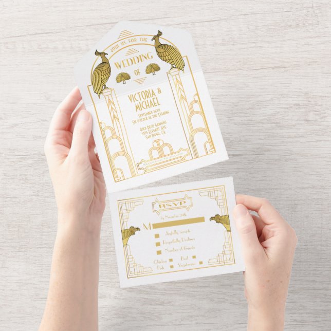 Convites de Casamento Art Deco Pavão Dourado e Bra (Tearaway)