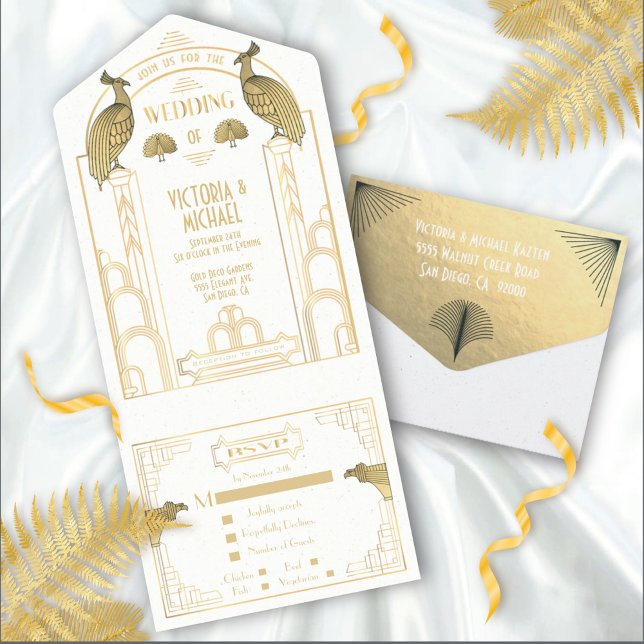 Convites de Casamento Art Deco Pavão Dourado e Bra (Criador carregado)