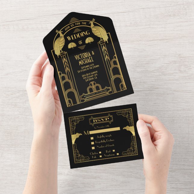 Convites de Casamento Art Deco Pavão Dourado e Pre (Tearaway)