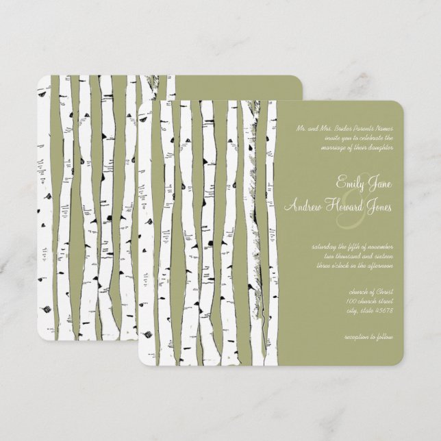 Convites de Casamento Árvore de Bétula Verde Abaca (Frente/Verso)