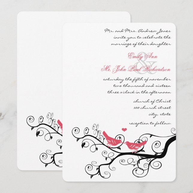 Convites de Casamento Árvore de Pássaros de Amor R (Frente/Verso)