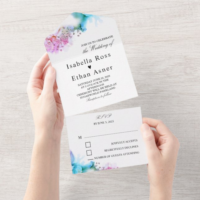 Convites de Casamento Azuis e Roxos (Aba destacável)