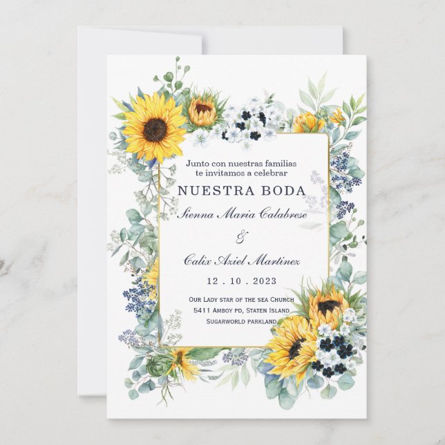 Convites De Casamento Azul Marinho e Girassol (Frente)