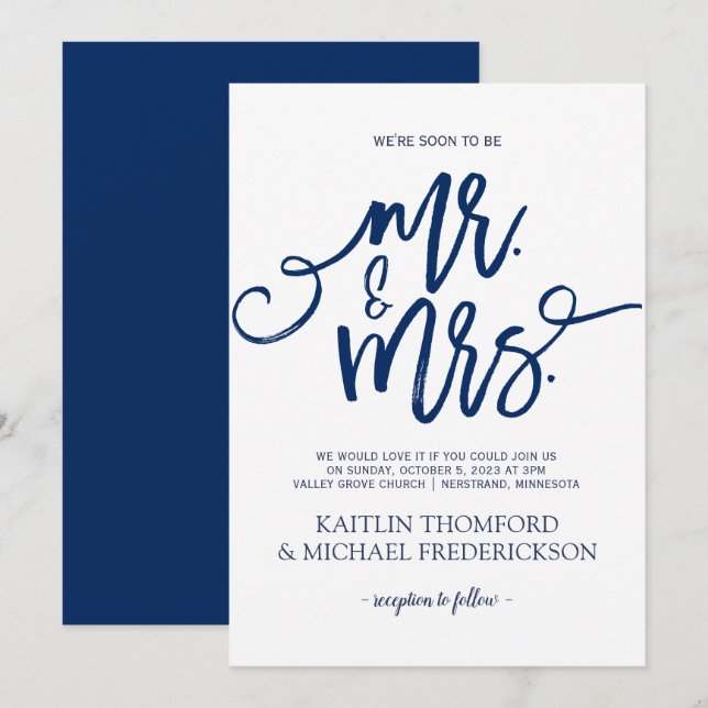 Convites de Casamento Azul Marinho - Letra de Pinc (Frente/Verso)