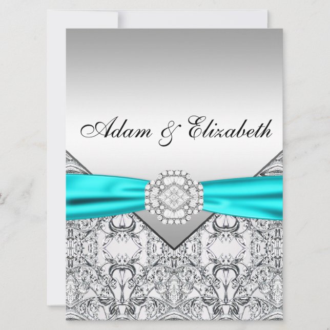 Convites de Casamento Azul Teal Prata Elegantes (Frente)