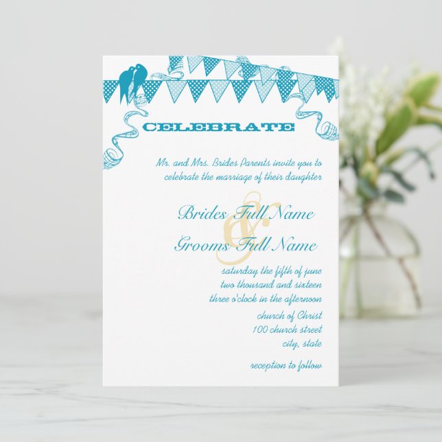 Convites de Casamento Bandeira de Pontos Azul Aqua (Em pé/Frente)