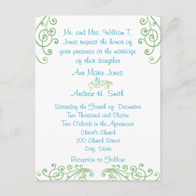 Convites de Casamento Baratos Azuis e Verdes em Fo (Frente)
