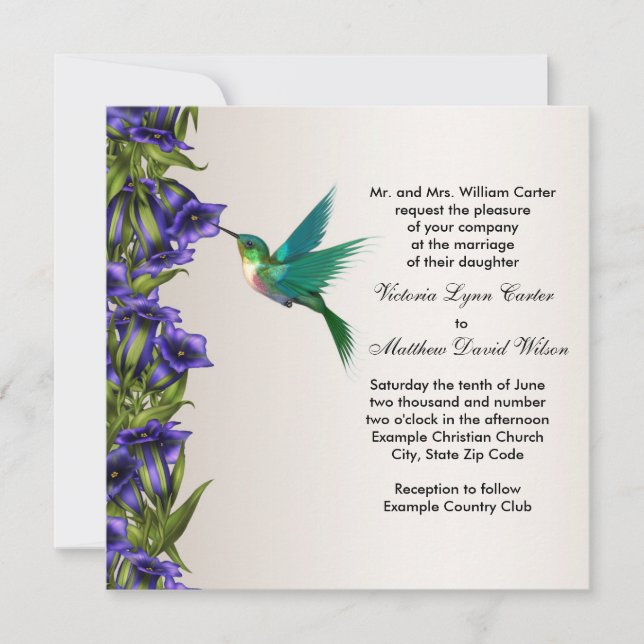 Convites de Casamento Beija-flor e Violetas Roxas (Frente)