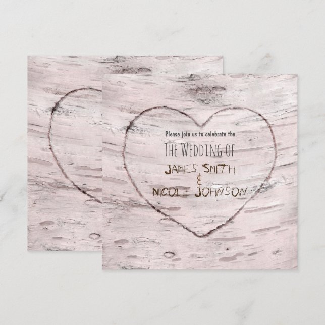 Convites de Casamento Birch Tree & Carved Heart (Frente/Verso)