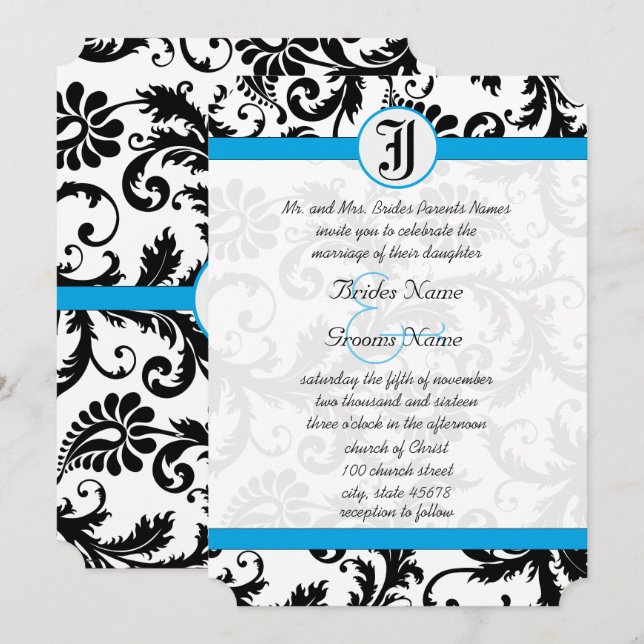 Convites de Casamento Black Damask com Corte Aquam (Frente/Verso)