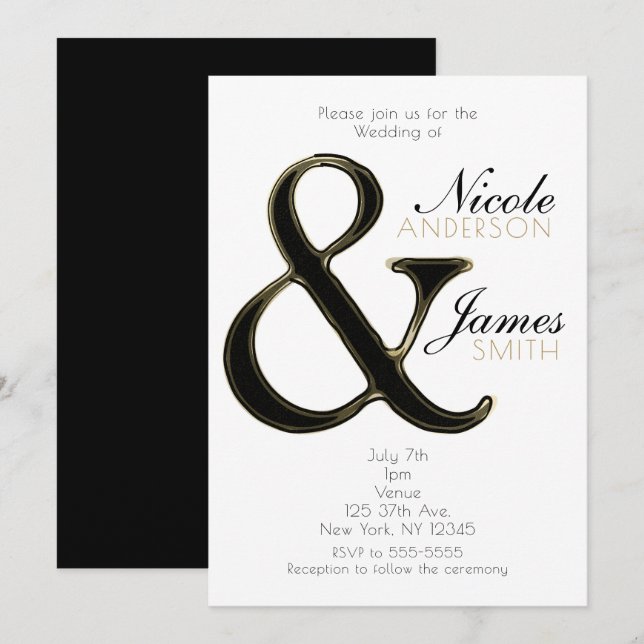 Convites de Casamento Black & Gold Ampersand Chic (Frente/Verso)