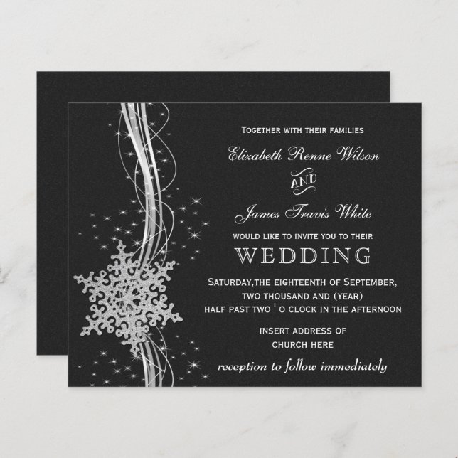 Convites de casamento Black Silver Snowflake (Frente/Verso)
