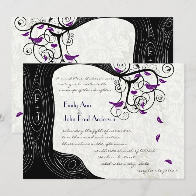 Convites de Casamento Black Tree Purple Birds (Frente/Verso)