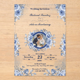 Convites de casamento Blue Minimalist Photo acryli